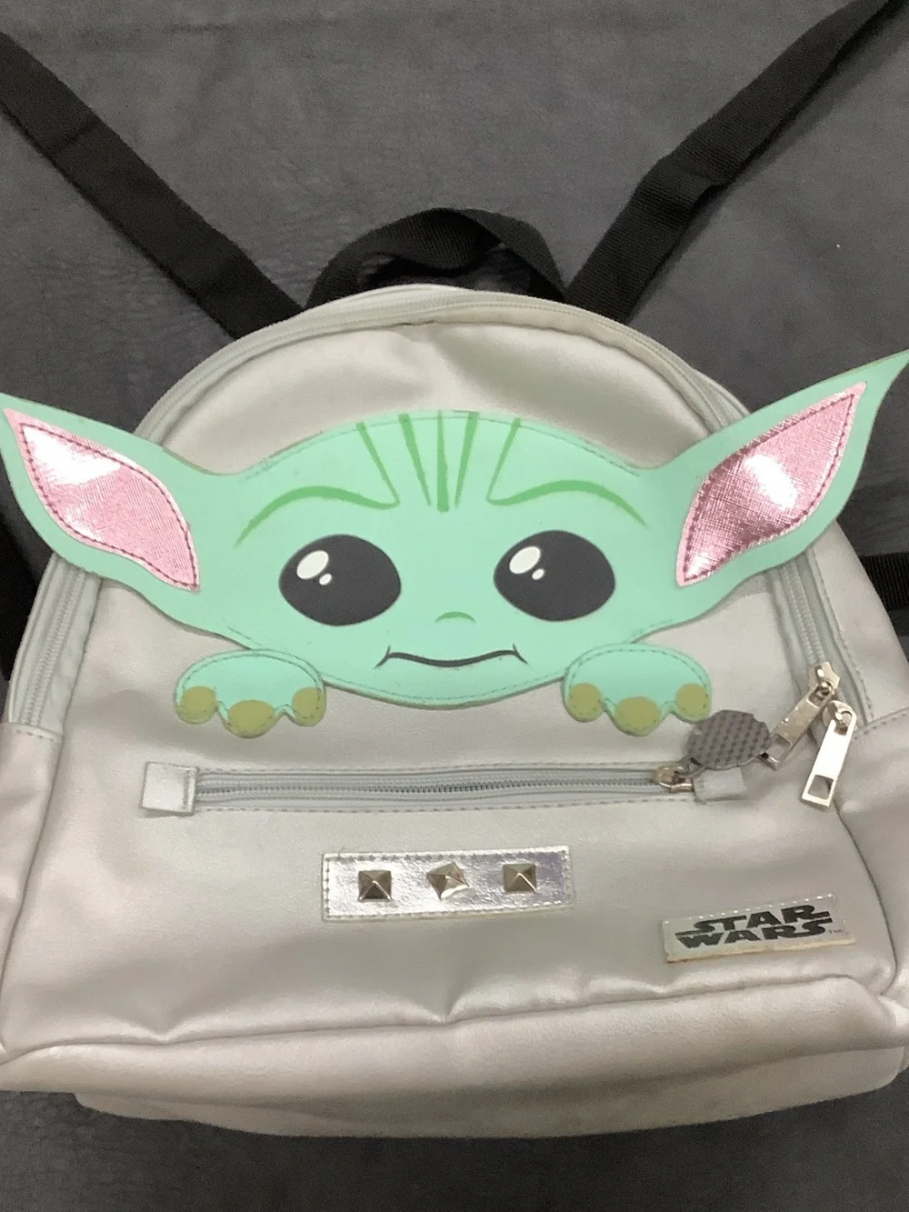 Star Wars Kids Silver Backpack with Green Grogu Face and Pink Ear Accents